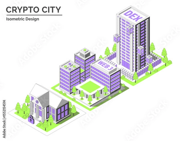 Fototapeta Cartoon Color Bank , Startup Coworking and DEX Building Crypto City Concept 3d Isometric View Line Elements. Vector illustration