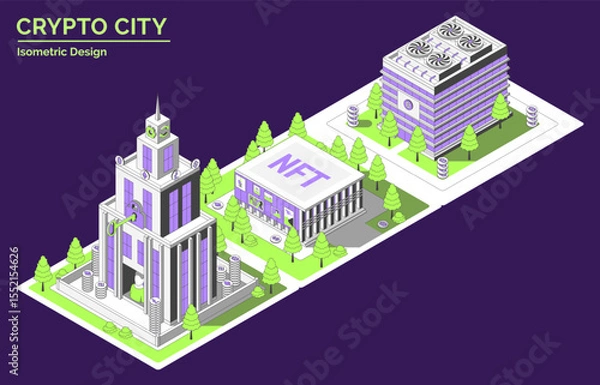Fototapeta Cartoon Color Wallet Company, NFT Gallery and Mining Farm Building Crypto City Concept 3d Isometric View Line Elements. Vector illustration