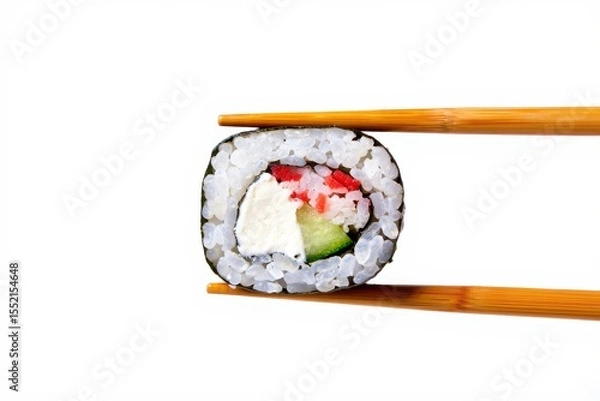Obraz Single sushi roll held by bamboo chopsticks against white maki