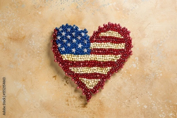 Fototapeta Heart-shaped usa flag made of colorful beads on rustic background