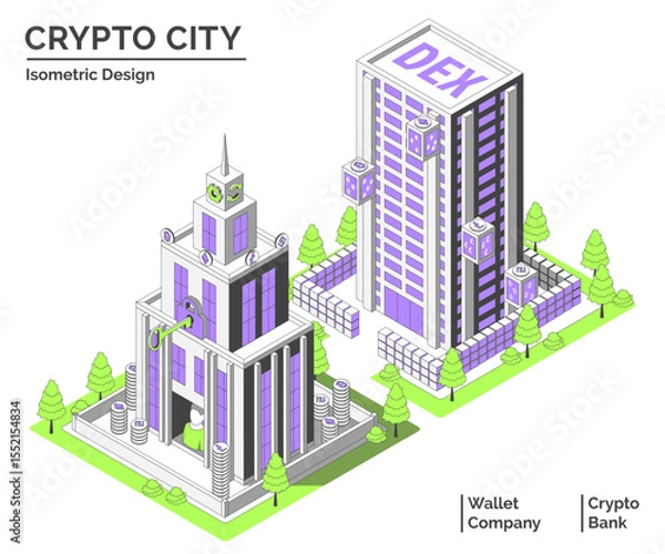 Fototapeta Cartoon Color DEX Office and Wallet Company Building Crypto City Concept 3d Isometric View Line Elements. Vector illustration