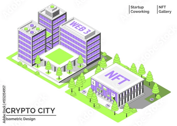 Fototapeta Cartoon Color Startup Coworking and NFT Gallery Building Crypto City Concept 3d Isometric View Line Elements. Vector illustration