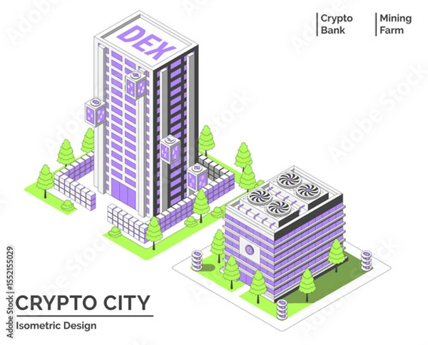 Fototapeta Cartoon Color DEX Office and Mining Farm Building Crypto City Concept 3d Isometric View Line Elements. Vector illustration