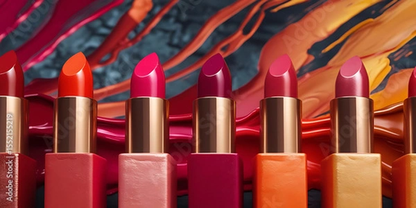 Fototapeta Vibrant Lipsticks in Red Pink and Orange with Colorful Swirl

