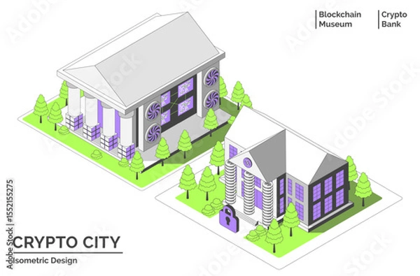 Fototapeta Cartoon Color Blockchain Museum and Bank Building Crypto City Concept 3d Isometric View Line Elements. Vector illustration