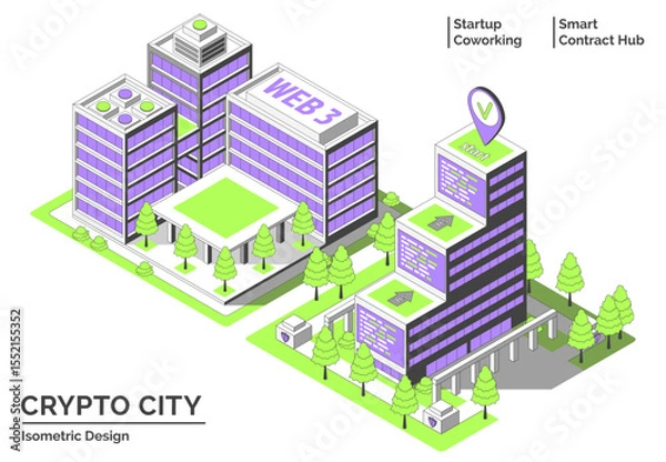 Fototapeta Cartoon Color Startup Coworking and Smart Contract Hub Building Crypto City Concept 3d Isometric View Line Elements. Vector illustration