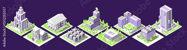 Fototapeta Cartoon Color Different Types Buildings Architecture Crypto City Concept 3d Isometric View Line Elements. Vector illustration