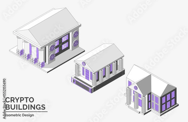 Fototapeta Cartoon Color Blockchain Museum and Bank Crypto Buildings City Architecture Concept 3d Isometric View Line Elements. Vector illustration