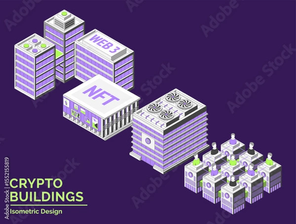 Fototapeta Cartoon NFT Gallery, Startup Coworking, Wallet Company and DAO Office Buildings City Architecture Concept 3d Isometric View Line Elements. Vector illustration