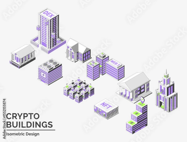 Fototapeta Cartoon Color Different Types Crypto Buildings Isolated on a White Background City Concept 3d Isometric View Line Elements. Vector illustration