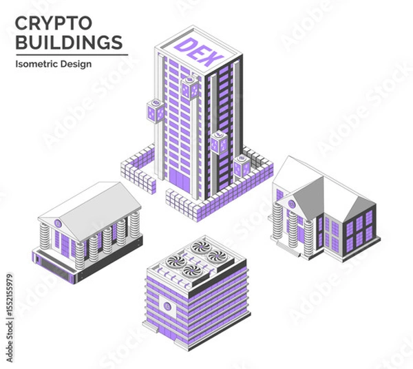 Fototapeta Cartoon Color Mining Farm, DEX ,Virtual Exchange and Bank Crypto Buildings Isolated on a White Background City Concept 3d Isometric View Line Elements. Vector illustration