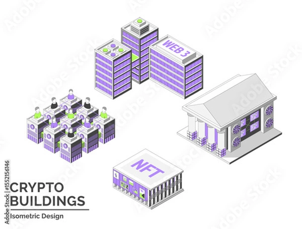 Fototapeta Cartoon Color NFT Gallery, Startup Coworking, Mining Farm and DAO Office Crypto Buildings Isolated on a White Background City Concept 3d Isometric View Line Elements. Vector illustration