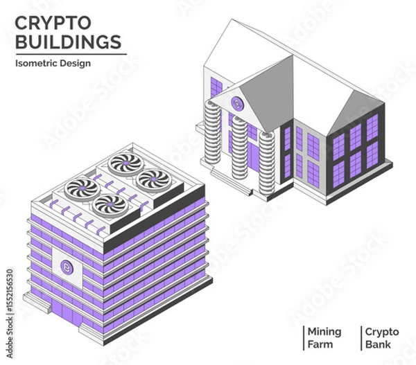 Fototapeta Cartoon Color Mining Farm and Bank Crypto Buildings Isolated City Concept 3d Isometric View Line Elements. Vector illustration