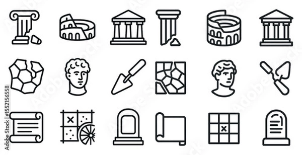 Fototapeta Ancient history linear icons set – outline, archaeological and historic symbols collection