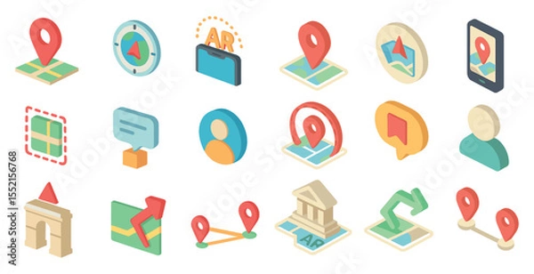 Fototapeta Navigation and location isometric icons set – maps, gps, direction symbols