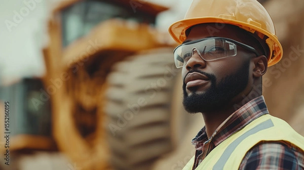 Fototapeta Confident African male construction or mining worker, yellow safety helmet and work shirt, standing folded arms in front of a large yellow dump truck. Mining or construction site. professionalism and 