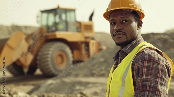 Fototapeta Confident African male construction or mining worker, yellow safety helmet and work shirt, standing folded arms in front of a large yellow dump truck. Mining or construction site. professionalism and 
