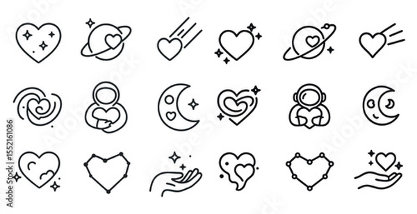 Obraz Space and heart line icons set – outline, linear, love and celestial symbols