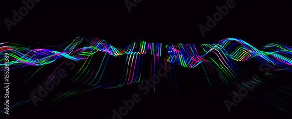 Obraz Multicolored wave of glowing dots. Futuristic dot wave of bright particles, on dark background. Interweaving effect. Futuristic background for presentation design. 3d rendering.