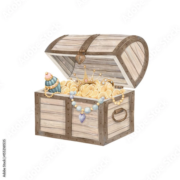 Obraz Treasure chest, isolated watercolor illustration, hand-drawn decoration element for your design, cartoon print.