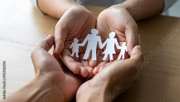 Fototapeta Protecting Family Wellbeing Paper Cutout Figures Held in Loving Hands Symbolizing Care Support and Family Values