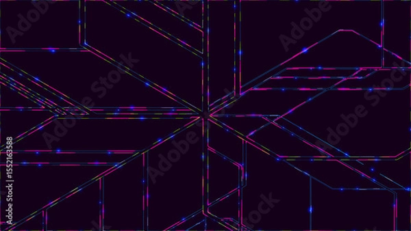 Obraz Abstract background of electronic metro map neon lines move along a given route and create a schematic animation. Transport interchange. 3D rendering.