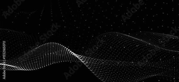 Obraz Abstract background with dynamic black and white wave. Futuristic dotted wave of bright particles on dark background. Weave effect. Background for presentation design. Wide format 3D illustration.