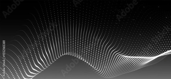 Obraz Abstract background with dynamic black and white wave. Futuristic dotted wave of bright particles on dark background. Weave effect. Background for presentation design. Wide format 3D illustration.