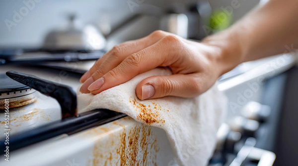 Obraz Hand wiping grease off a dirty stove with a cloth, close-up of cleaning action