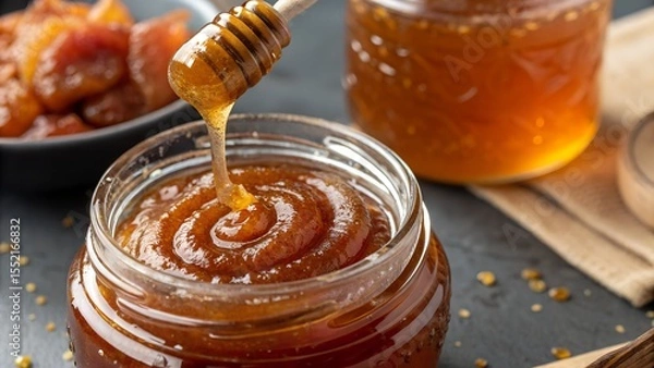 Fototapeta A delicious close-up shot of thick, golden amber honey dripping from a wooden honey dipper into a glass jar