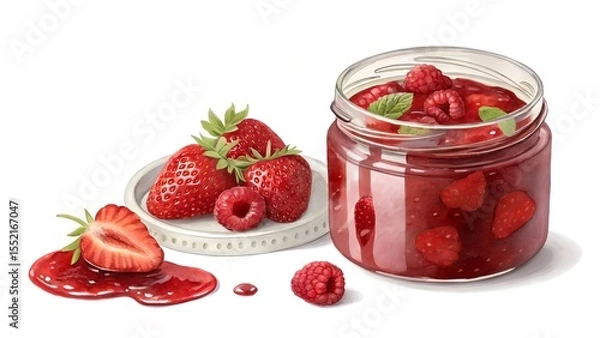 Fototapeta A detailed and realistic illustration of homemade strawberry and raspberry jam in an open glass jar, isolated on a white background.