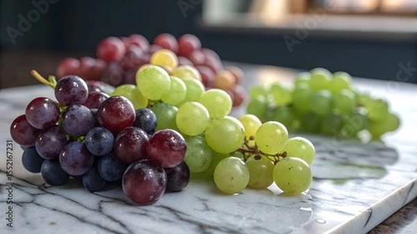 Fototapeta Several bunches of fresh, ripe grapes in a variety of colors, including red, green