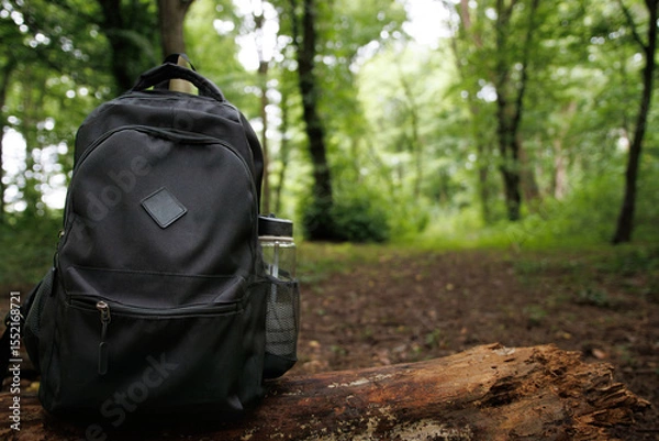 Obraz a black backpack with a bottle in its pocket stands on a stump in the forest