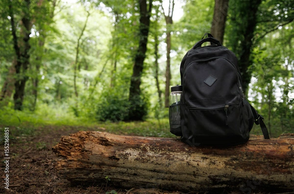 Fototapeta a black backpack with a bottle in its pocket stands on a stump in the forest