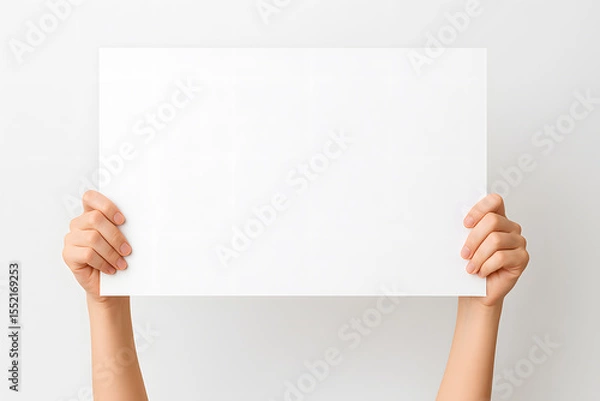 Obraz Hands holding blank white sign closeup isolated on white background