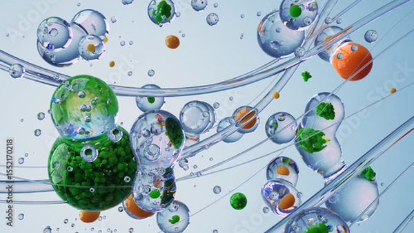 Fototapeta Colorful Microscopic Spheres in Liquid Representing Science Molecular Biology