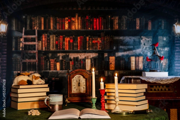 Obraz open book and burning candles with coffee and cookie and old library background