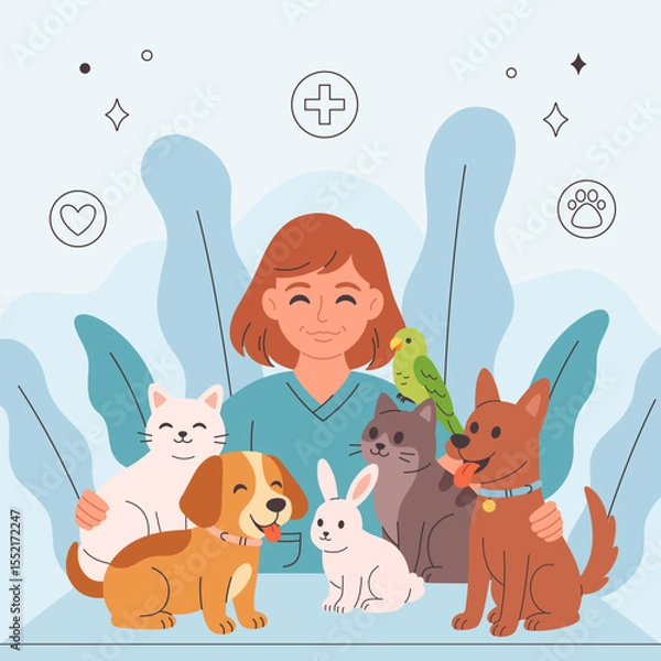 Obraz Veterinary doctor with pets. Pets in a veterinary clinic. Veterinarian day. Vector illustration in flat style