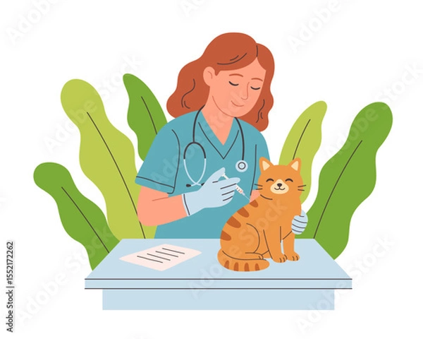 Obraz Veterinary doctor examining and cure pet in veterinarian office. Pets in a veterinary clinic. Veterinarian day. Vector illustration in flat style