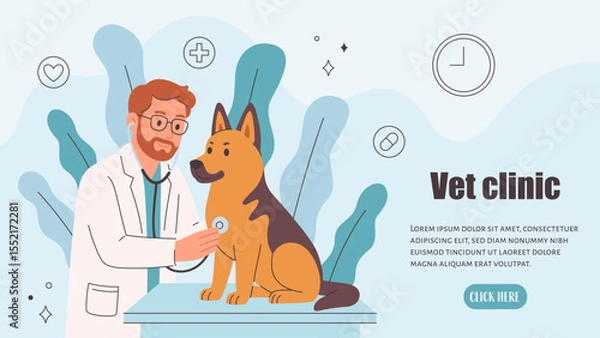 Obraz Veterinary doctor examining and cure pet in veterinarian office. Pets in a veterinary clinic. Veterinarian day. Vector illustration in flat style
