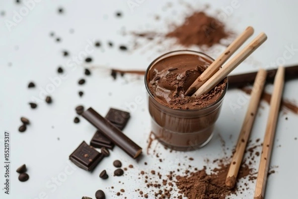 Fototapeta Rich chocolate ice cream with pocky sticks and cocoa on white background