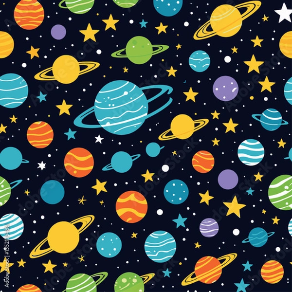 Fototapeta A whimsical pattern of planets and stars against a dark space background