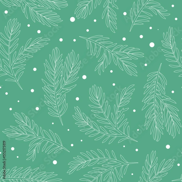 Fototapeta Seamless vector pattern of fir tree branches in white outline and snow on green-blue background