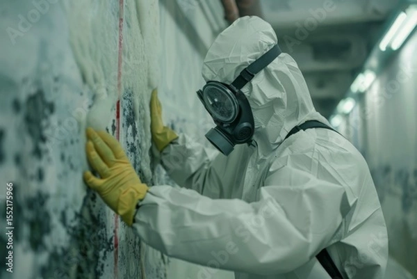 Fototapeta Scientist in hazmat suit analyzing moldy wall in contaminated area