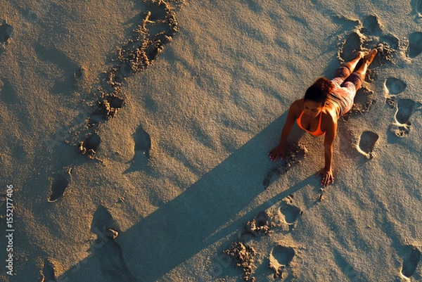 Obraz Woman practices yoga on a sandy beach at golden hour, footprints leading towards the ocean, aerial view of beach workout.