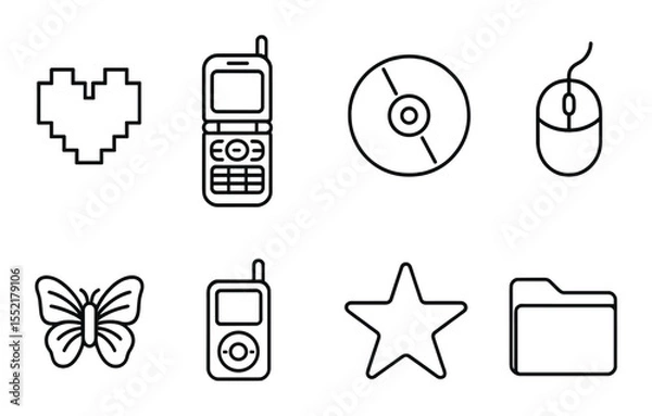 Fototapeta Vintage y2k icons set – line, retro digital and tech nostalgia symbols