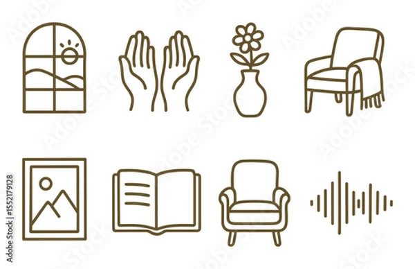 Fototapeta Tranquil healing icons set – outline, relaxation and calmness symbols for wellness