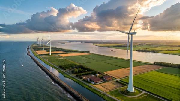 Fototapeta Wind turbines harnessing wind power on a scenic coastline under a partly cloudy, bright sky, showing sustainable energy solutions.