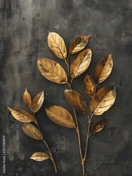 Fototapeta Glistening golden leaves shine against a textured dark background, creating a striking contrast and a sense of luxurious fall decor.