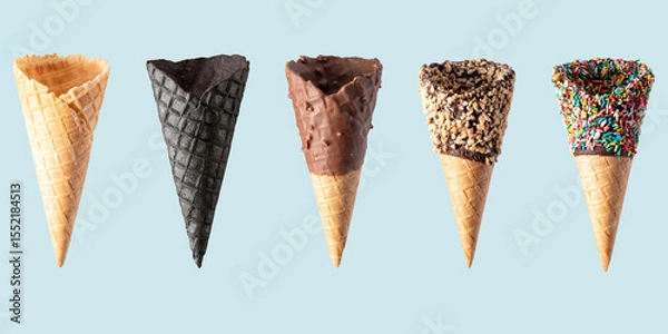Fototapeta Various ice cream cones isolated on blue background. Banner design.